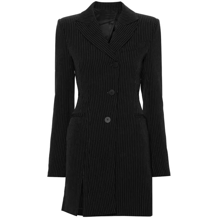 Women Tailored Pinstripe Blazer Dress with Single-Breasted, Slit and Slim Silhouette Mune Fashion