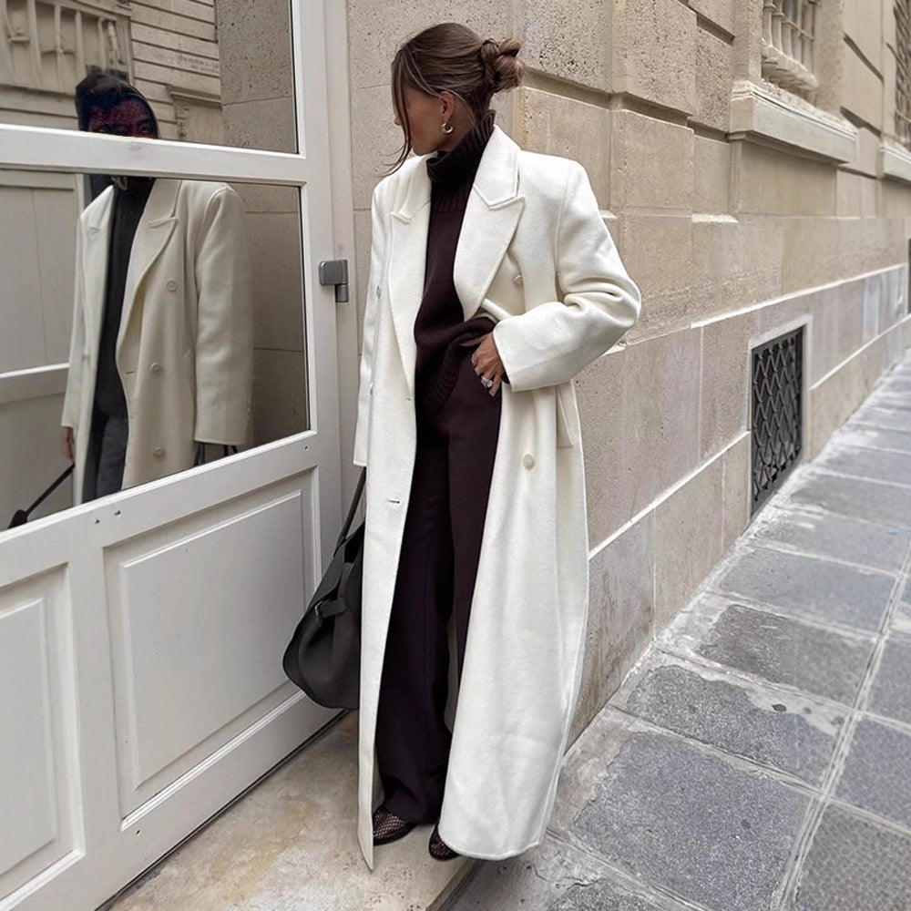 Women's Maxi Double-Breasted Wool Blend Coat with Oversized Cut and Lapel Collar Mune Fashion