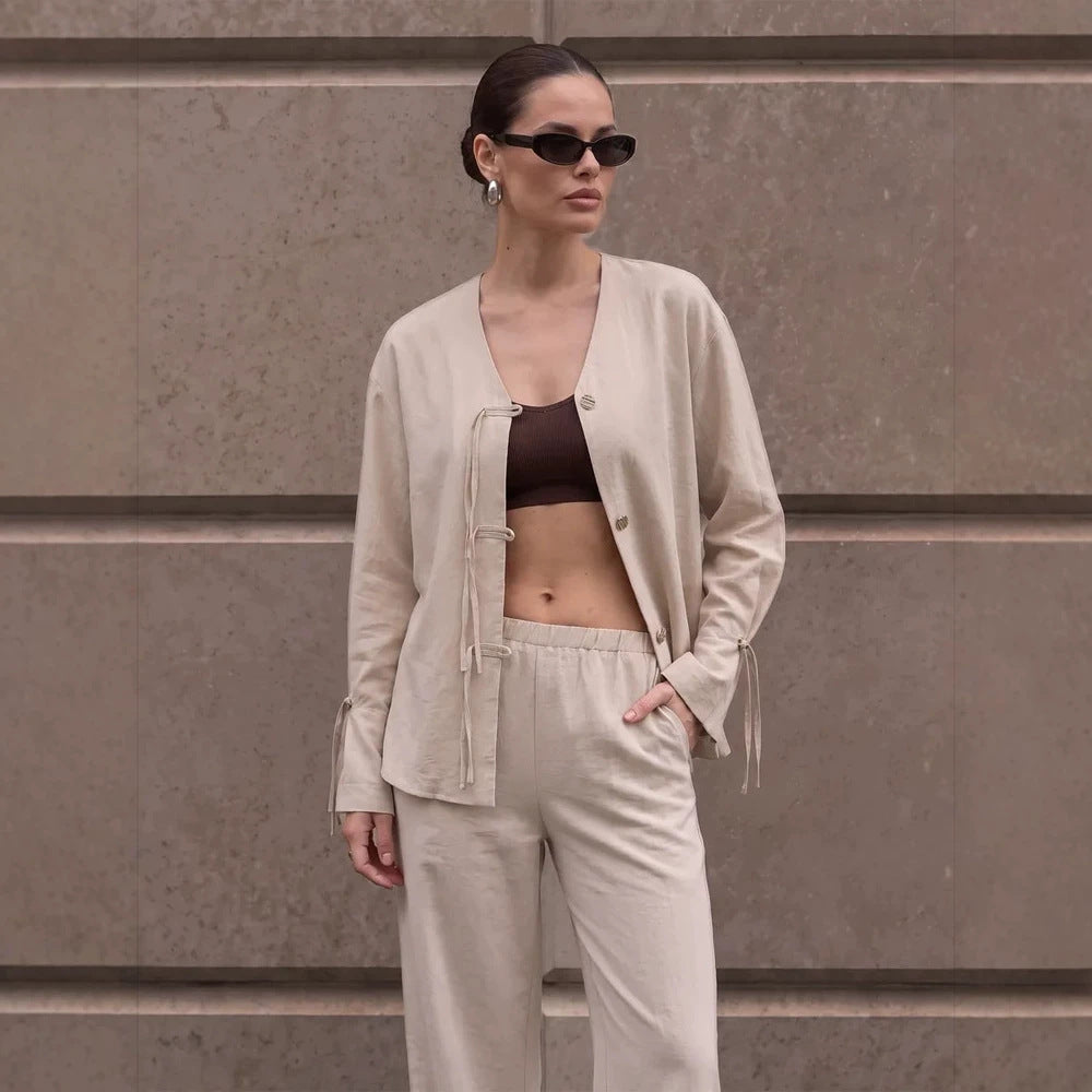 Women's Casual Lounge Set with V-Neck, Button Placket and Drawstrings Mune Fashion