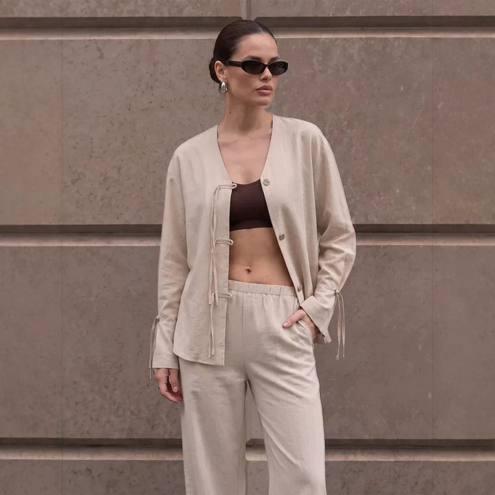 Women's Casual Lounge Set with V-Neck, Button Placket and Drawstrings Mune Fashion