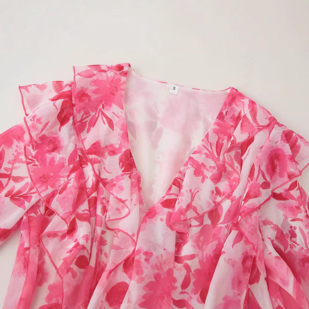 Women's flowing chiffon midi dress with deep V-neckline, ruffles, and fitted belt Mune Fashion