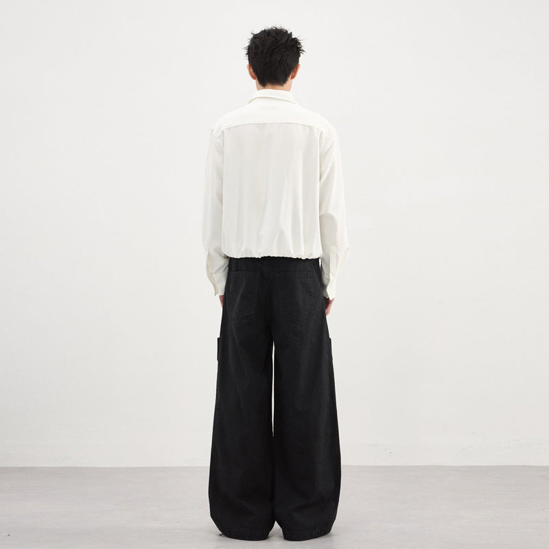 Men's Wide Palazzo Pants with Curved Seam Panels and Snap Button Pockets Mune Fashion