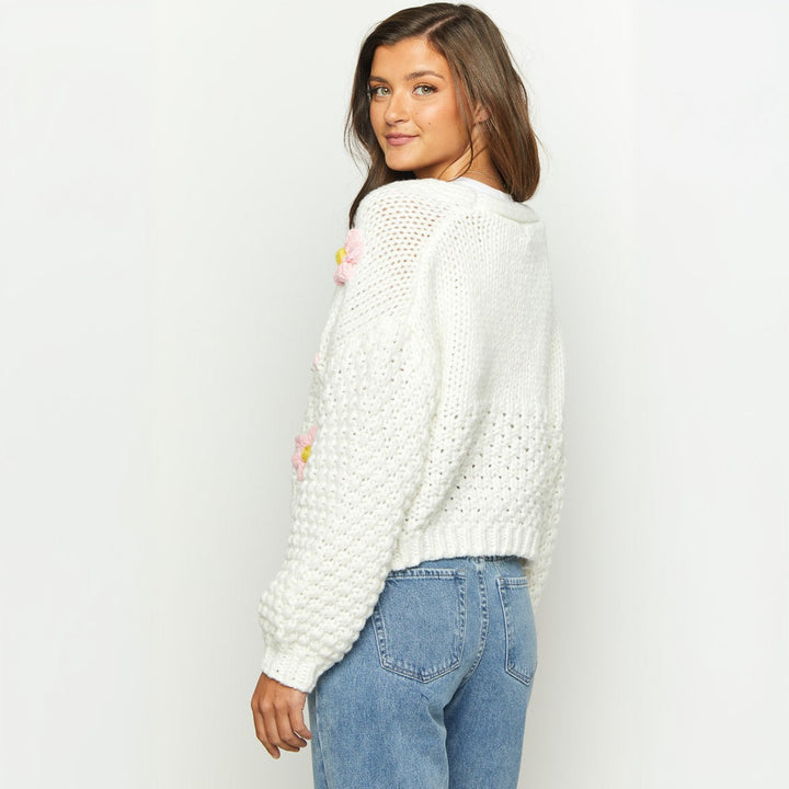 Women's Short Chunky Knit Cardigan with 3D Flower Appliqués and Balloon Sleeves Mune Fashion