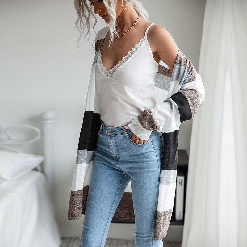 Women Long Open Knit Cardigan with Block Stripes, Light Fall and Pockets Mune Fashion
