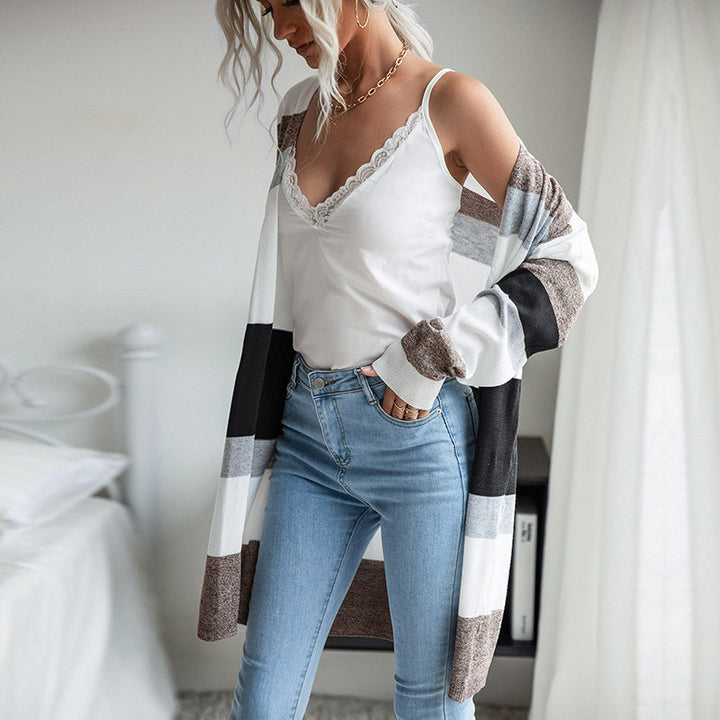 Women Long Open Knit Cardigan with Block Stripes, Light Fall and Pockets Mune Fashion