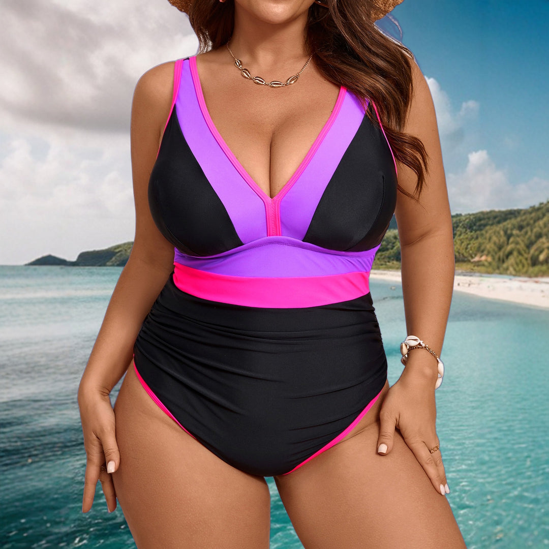 Women High-Cut Swimsuit with V-Neck and Color Block Design Mune Fashion