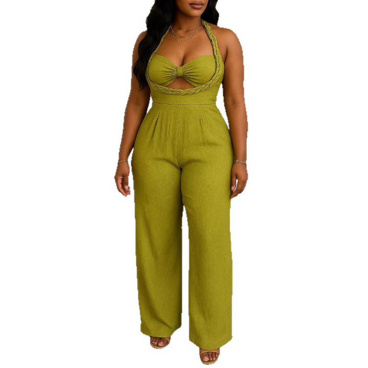 Women's tailored halter playsuit with braided straps, knotted bustier and wide leg pants Mune Fashion