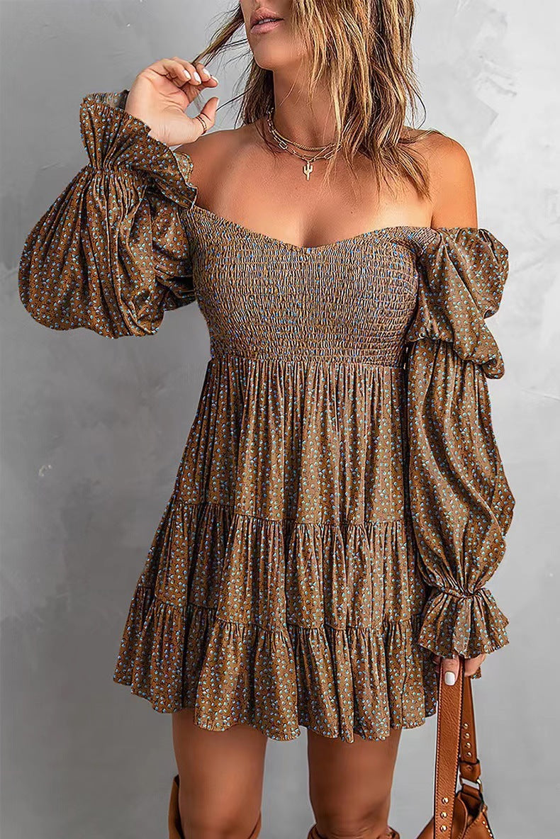 Women Off-Shoulder Mini Dress with Smocked Top, Ruffle Tiers and Gathered Balloon Sleeves Mune Fashion