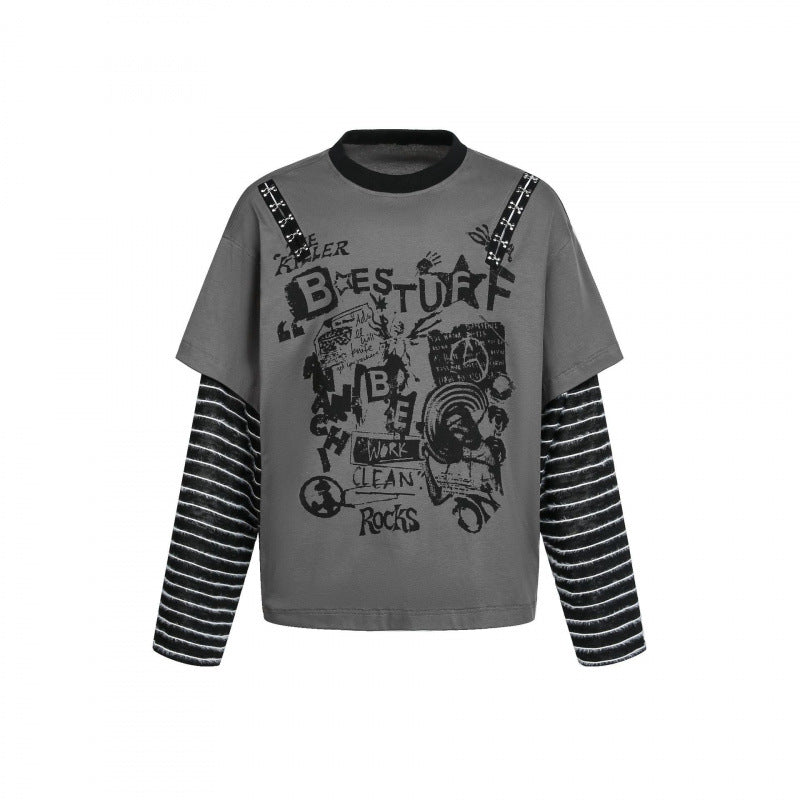 Women layered look long sleeve with graphic print, striped insert sleeves and decorative shoulder straps Mune Fashion