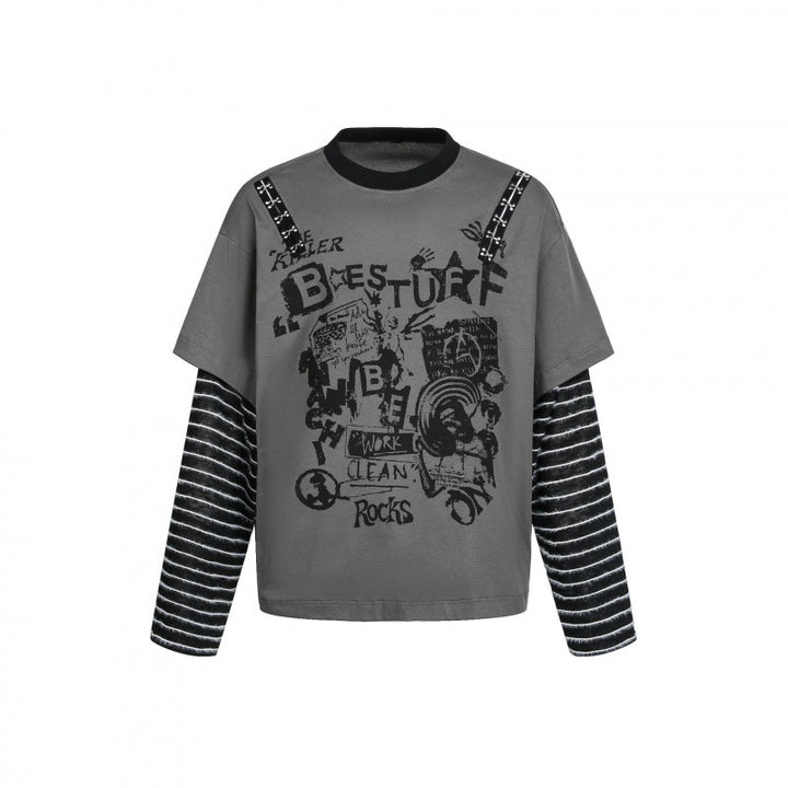 Women layered look long sleeve with graphic print, striped insert sleeves and decorative shoulder straps Mune Fashion