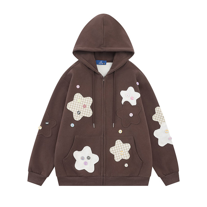 Women Oversize Zip Hoodie with Floral Star Appliqués and Button Details Mune Fashion