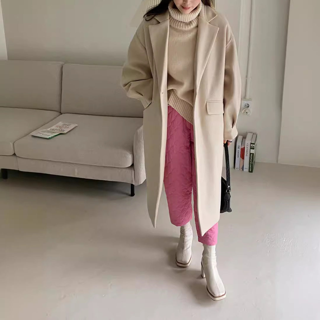 Women Longline Wool Blend Coat with boxy oversized fit and clean lapel Mune Fashion