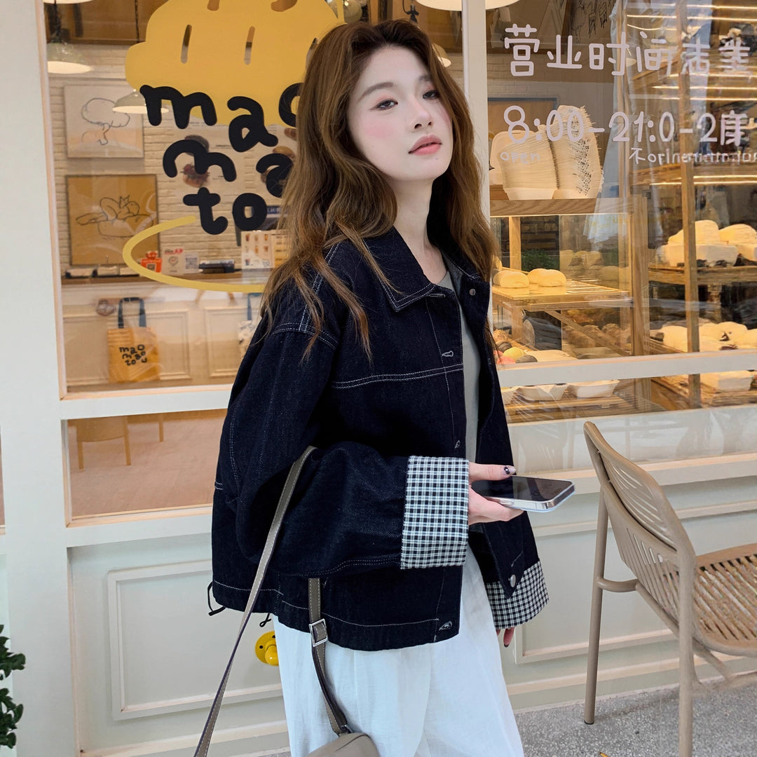 Women Boxy Denim Jacket with contrasting seams, drawstring hem and checked cuffs Mune Fashion