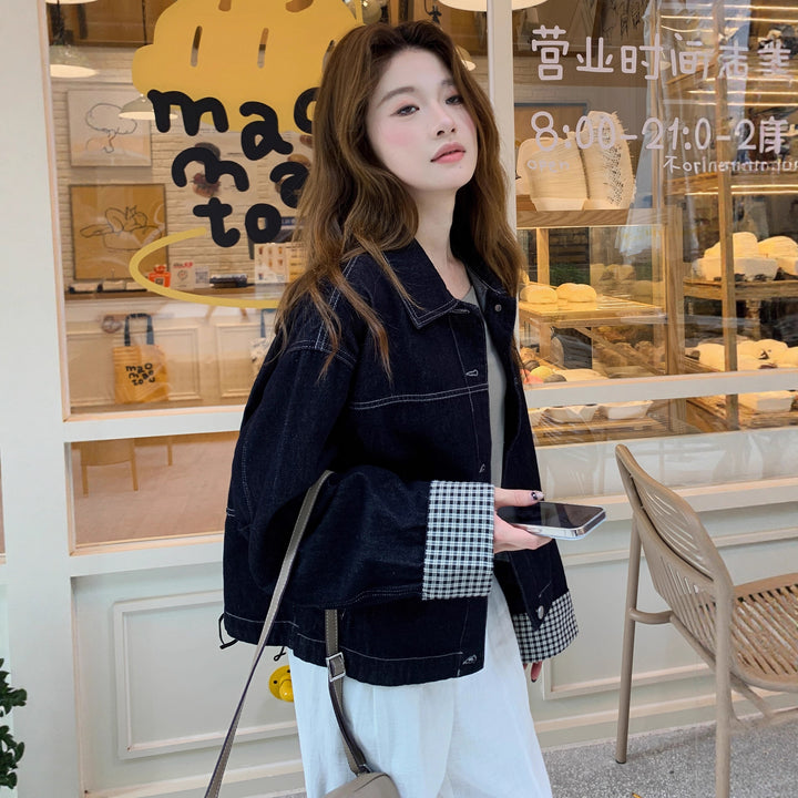 Women Boxy Denim Jacket with contrasting seams, drawstring hem and checked cuffs Mune Fashion