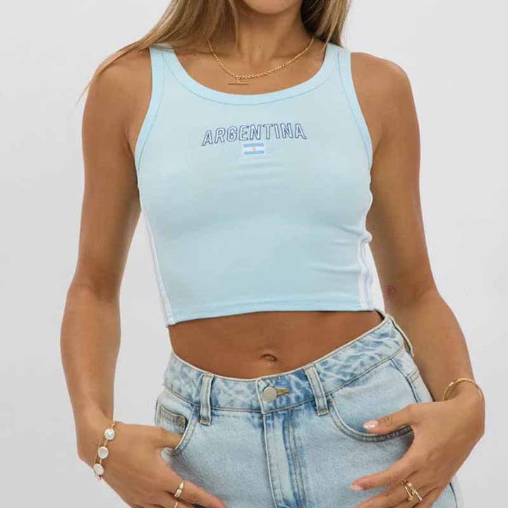 Women's sporty short-cut crop top with round neckline and side contrast stripes Mune Fashion