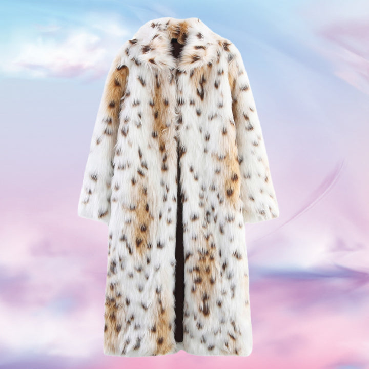 Women's Long Oversized Faux Fur Coat with Spotted Wildcat Print and Stand Collar Mune Fashion