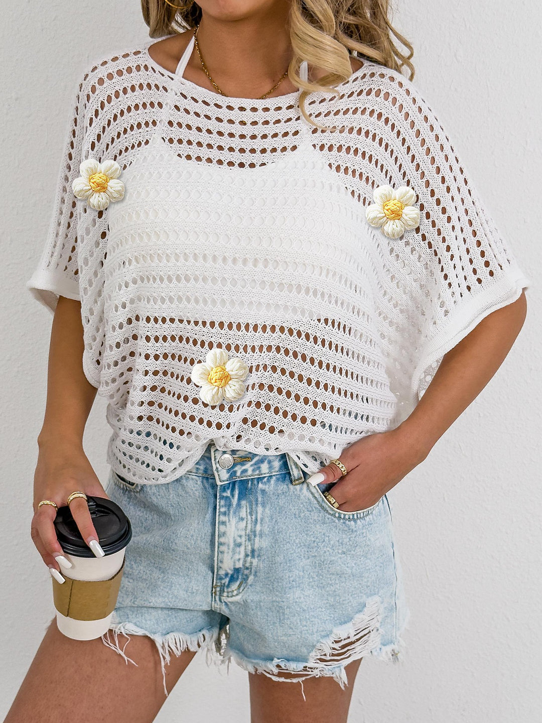 Women's casual crochet top with decorative flower details