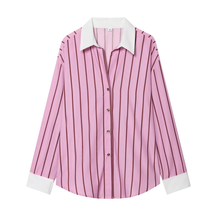 Women's Striped Silk Look Blouse with Contrast Collar Mune Fashion