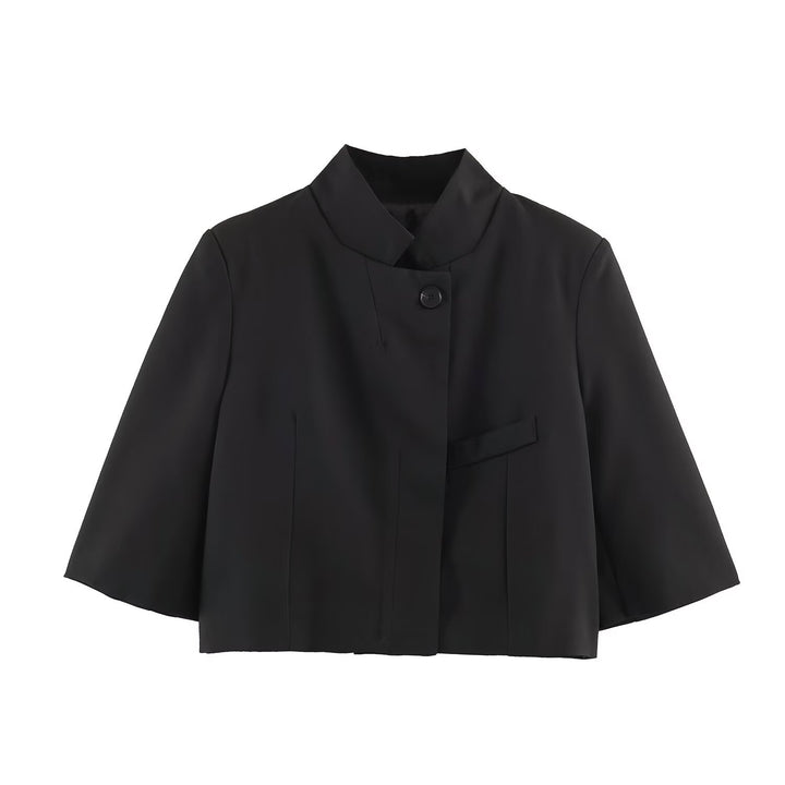 Women Elegant Cropped Jacket with Standing Collar, Concealed Button Placket and 3/4 Sleeves Mune Fashion