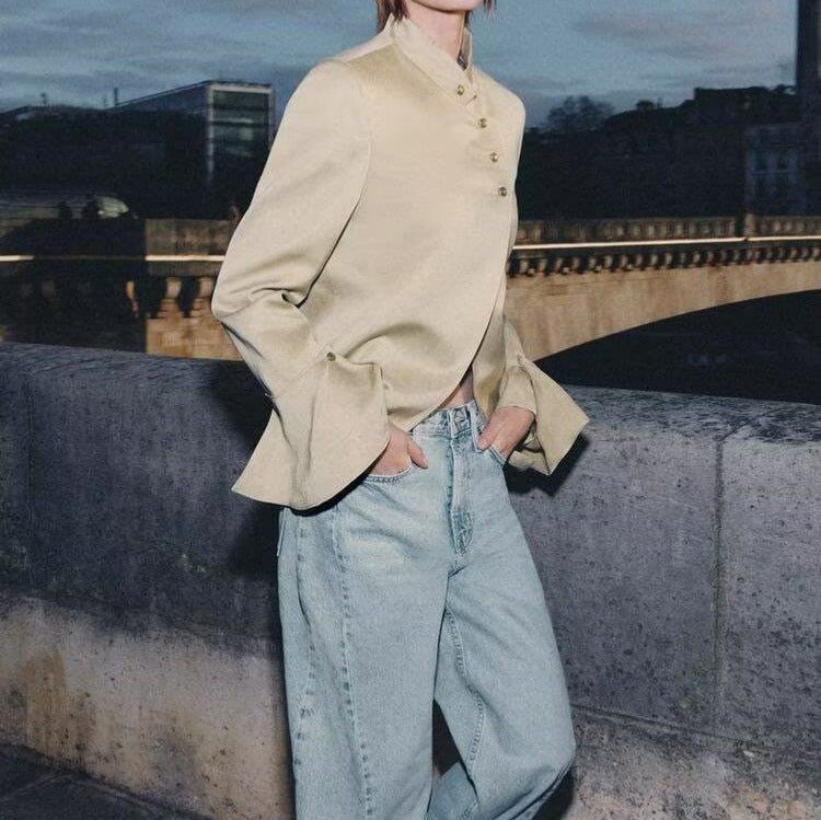 Women Asymmetrical Satin Blouse Jacket with Mandarin Collar and Bell Sleeves Mune Fashion