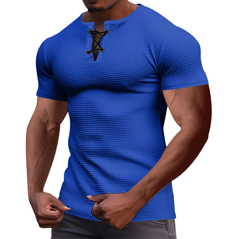 Men's short-sleeve shirt with lace collar, metal eyelets, and fine structured jersey Mune Fashion