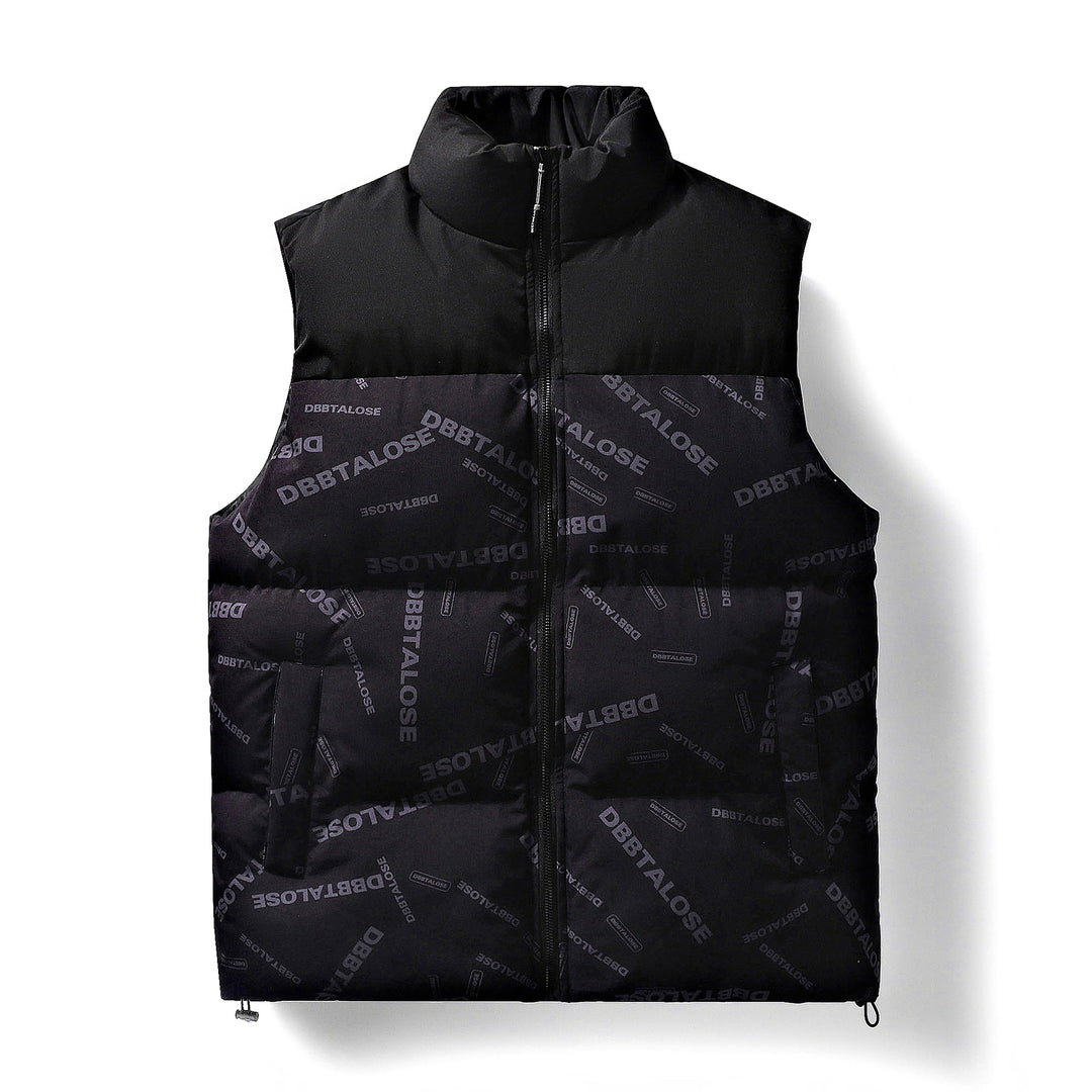 Men's Padded Quilted Vest with High Collar Allover Logo Print & Drawstring Hem Mune Fashion