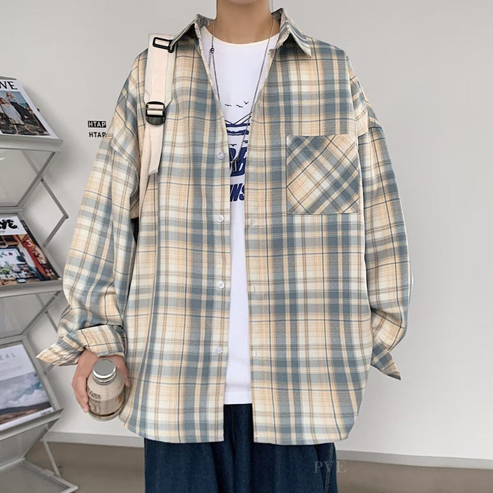 Men's Oversized Check Flannel Shirt with Chest Pocket and Drop-Shoulder