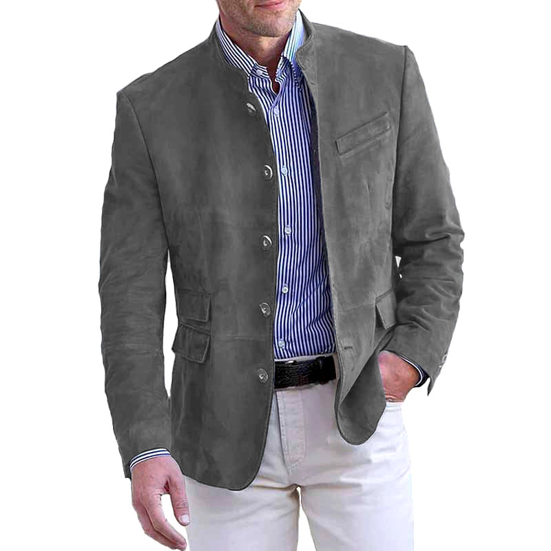 Men's Short Suede Jacket with Stand-up Collar and Flap Pockets Mune Fashion