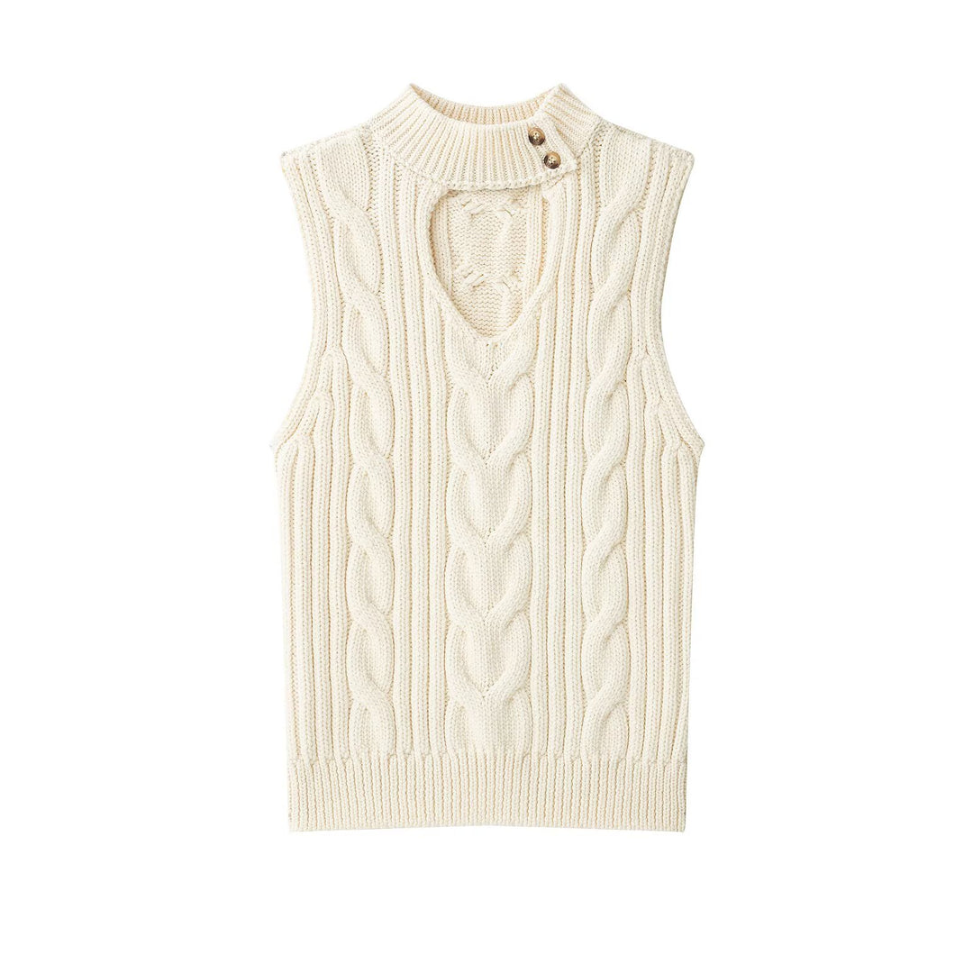 Women's Sleeveless Cable Knit Vest with Stand Collar and Button Detail Mune Fashion