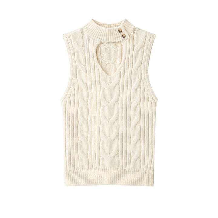 Women's Sleeveless Cable Knit Vest with Stand Collar and Button Detail Mune Fashion