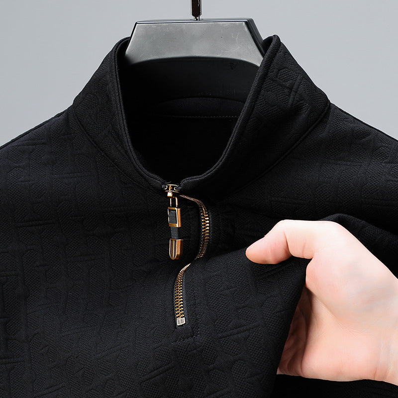 Men's Structure Jacquard Sweater with Short Zipper and Stand-Up Collar Mune Fashion