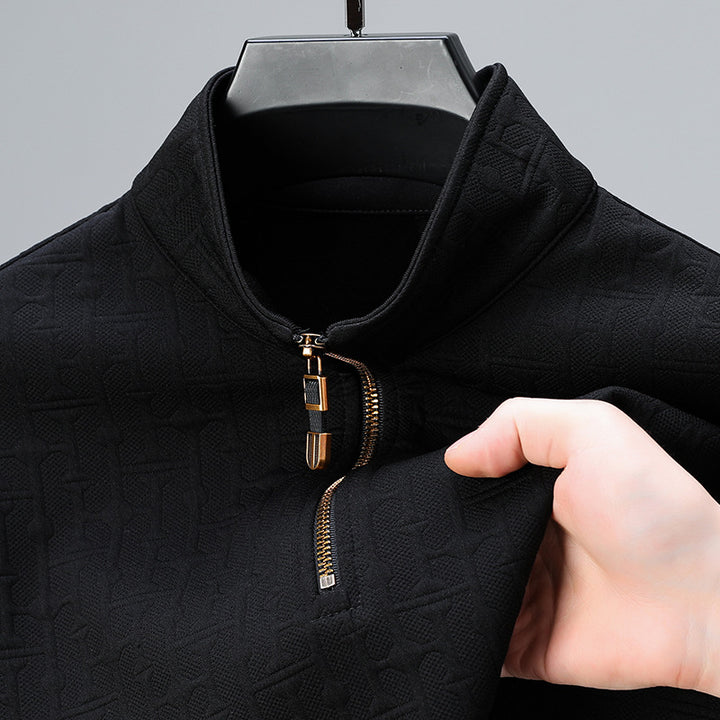 Men's Structure Jacquard Sweater with Short Zipper and Stand-Up Collar Mune Fashion