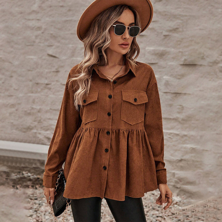 Women's Cord Peplum Blouse with Shirt Collar, Set-in Breast Pockets, and Continuous Button Placket Mune Fashion