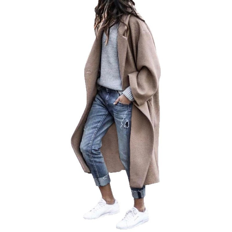 Women's Oversized Wool Coat with Dropped Shoulder, Open Front and Side Pockets Mune Fashion