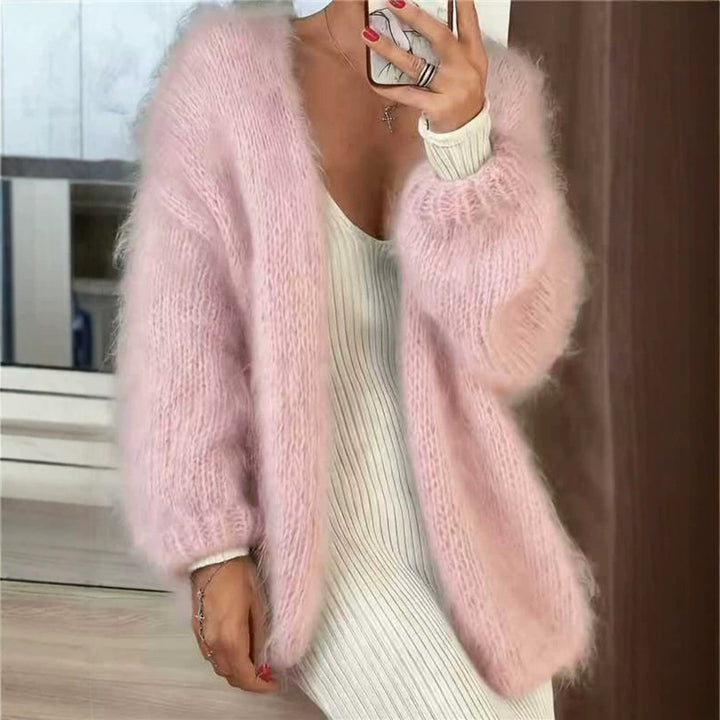 Women's Fluffy Oversize Mohair-Optic Cardigan with Open Cut and Balloon Sleeves Mune Fashion