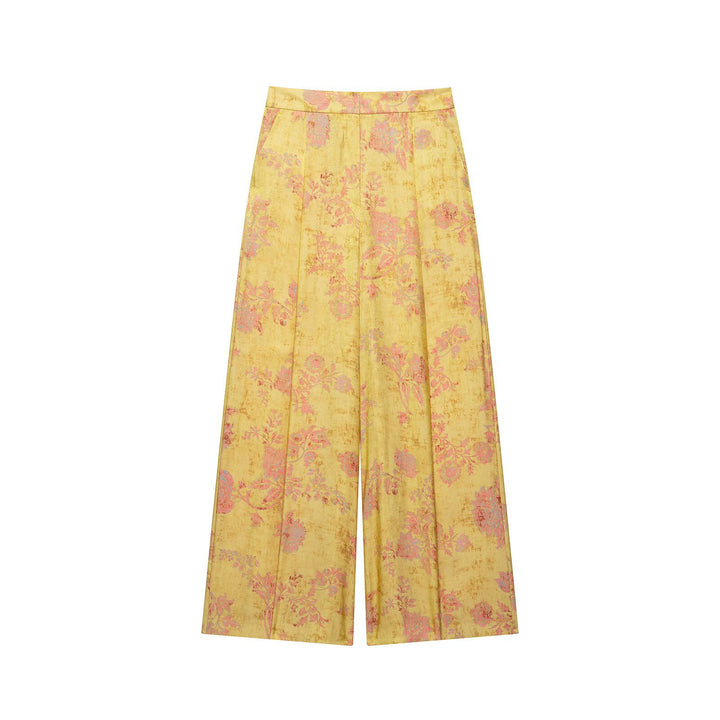 Women's Wide High-Waist Jacquard Pants with Floral Brocade Pattern Drune