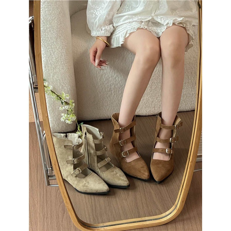 Ladies pointed toe ankle boots with velour look, four adjustable straps and low heel Mune Fashion
