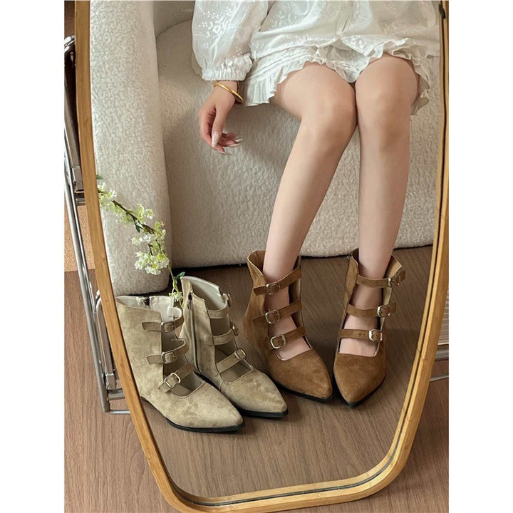 Ladies pointed toe ankle boots with velour look, four adjustable straps and low heel Mune Fashion