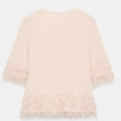 Women's Short Sleeve Boucle Cardigan with Textured Knit, Fringe Trim and Covered Buttons Mune Fashion