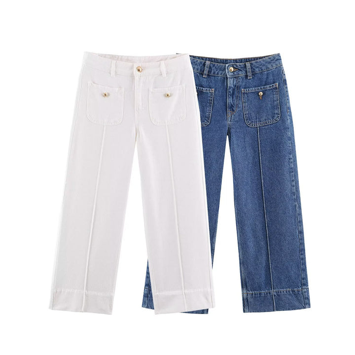 Women's Loose High-Waist Jeans with Attached Front Pockets and Edge Stitching Drune
