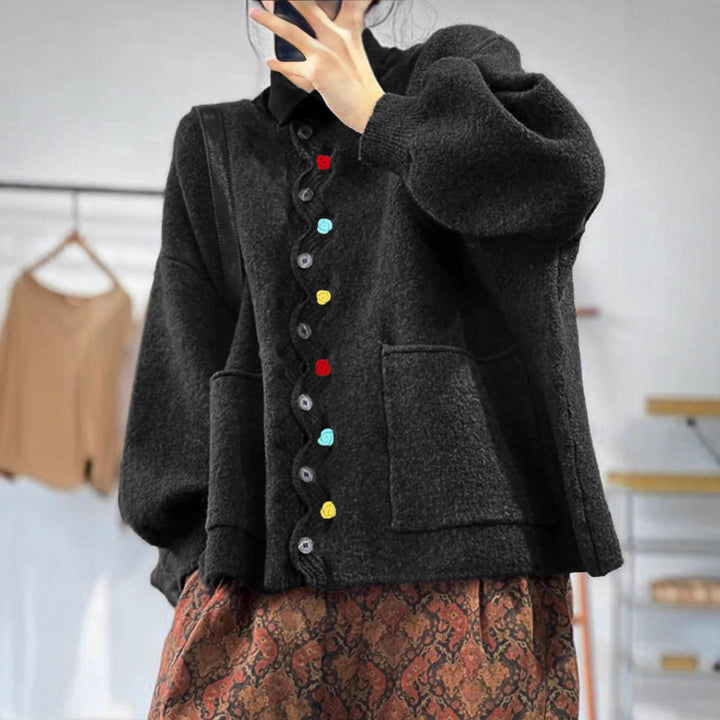 Women's Oversized Knit Cardigan with Decorative Button Placket and Patch Pockets Drune