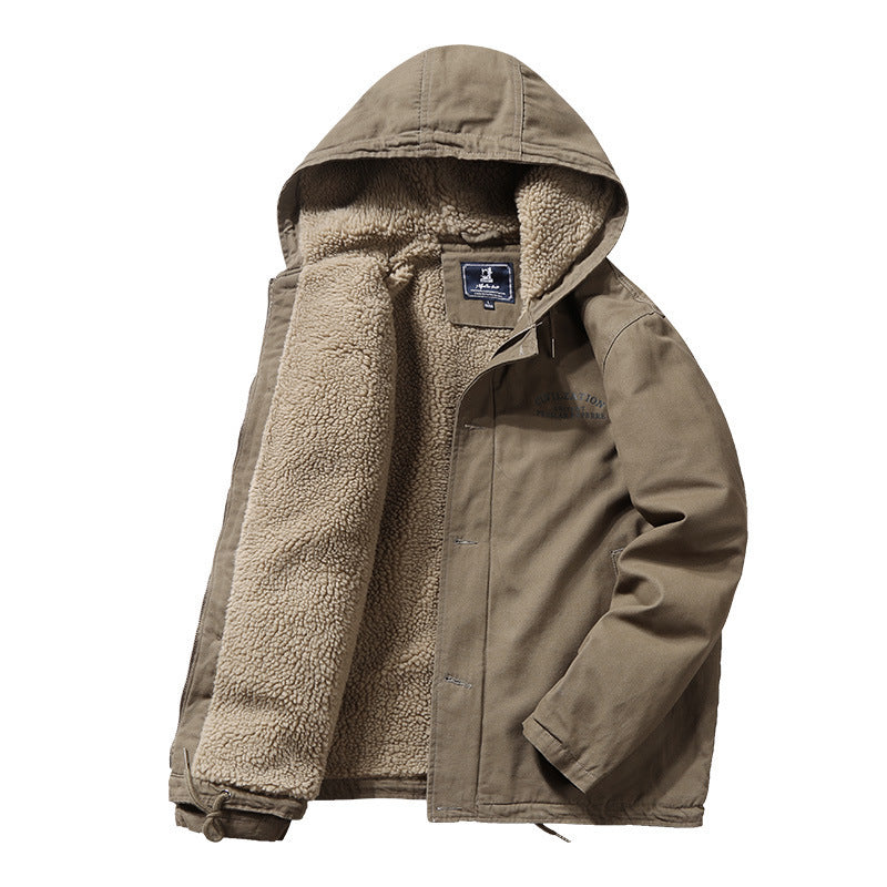 Men's Hooded Canvas Parka with Teddy Lining and Windproof Front Mune Fashion