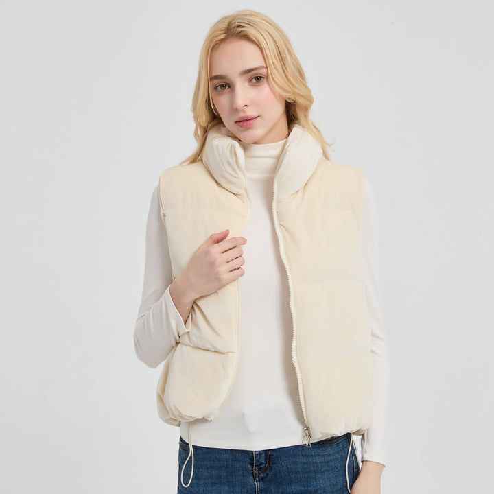 Women's quilted velvet insulation vest with high stand-up collar and adjustable drawstring hem Mune Fashion