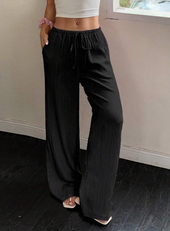 Ladies Wide Pleated Palazzo Pants with Elastic Waistband and Drawstring Mune Fashion