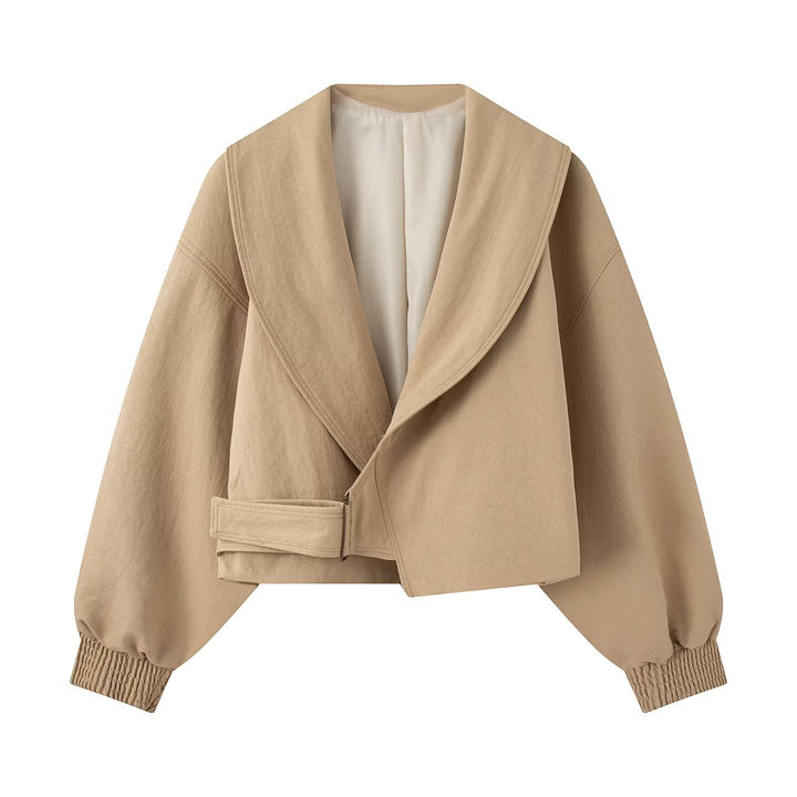 Women's 40+ Cropped Wrap Blouse with Oversized Balloon Sleeves and Asymmetrical Buckle Closure Mune Fashion