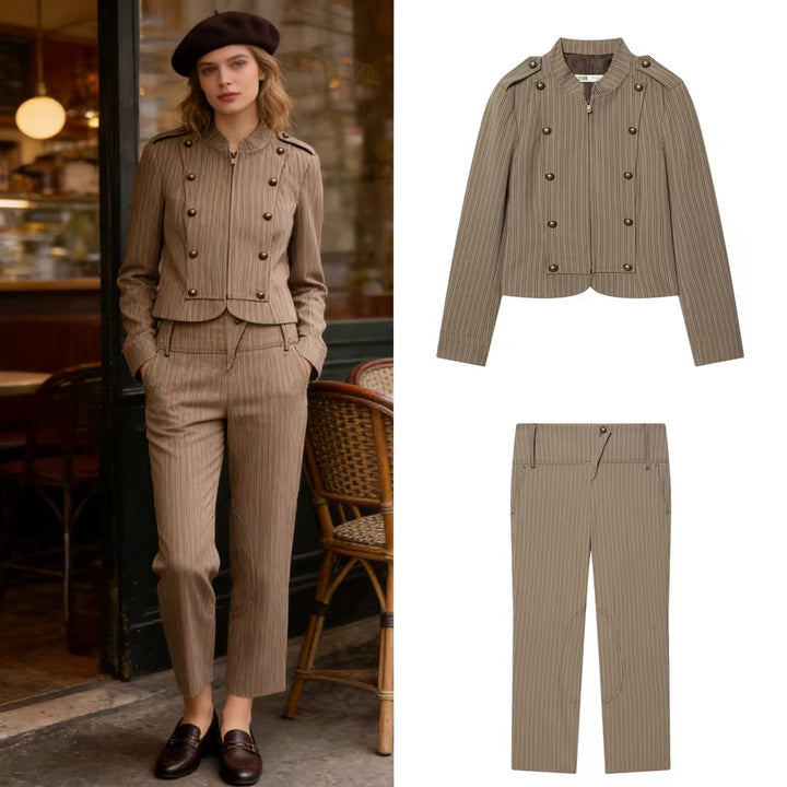 Ladies High-Waisted Cropped Stretch Pants with Pinstripes and Knee Patches Mune Fashion