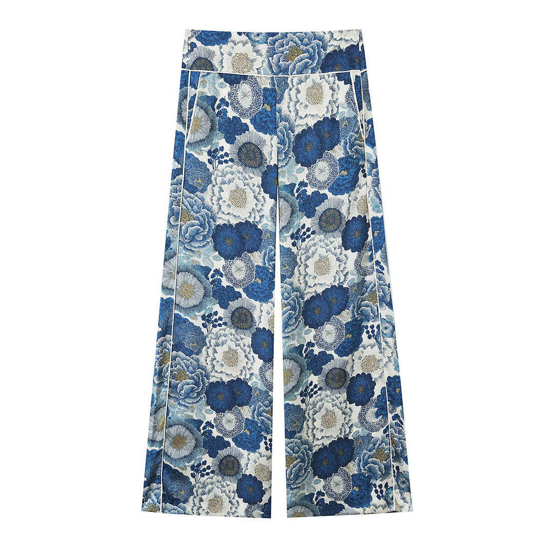 Women High-waisted wide Palazzo trousers with floral jacquard print and decorative piping Mune Fashion