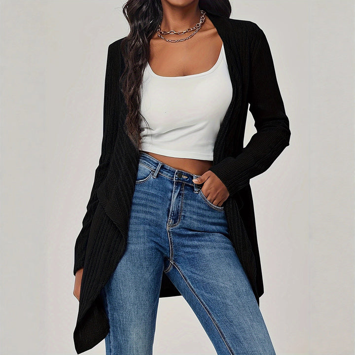 Ladies Open Ribbed Knit Cardigan with Waterfall Collar Mune Fashion