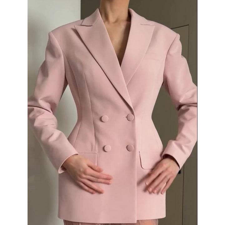 Women Tailored Double-Breasted Blazer with Emphasized Waist and Flap Pockets Mune Fashion