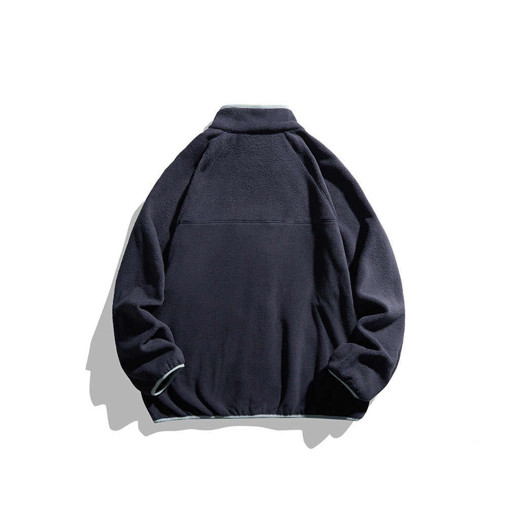 Unisex Oversize Fleece Jacket with Stand-Up Collar, Full-Length Zipper, and Contrast Piping Mune Fashion